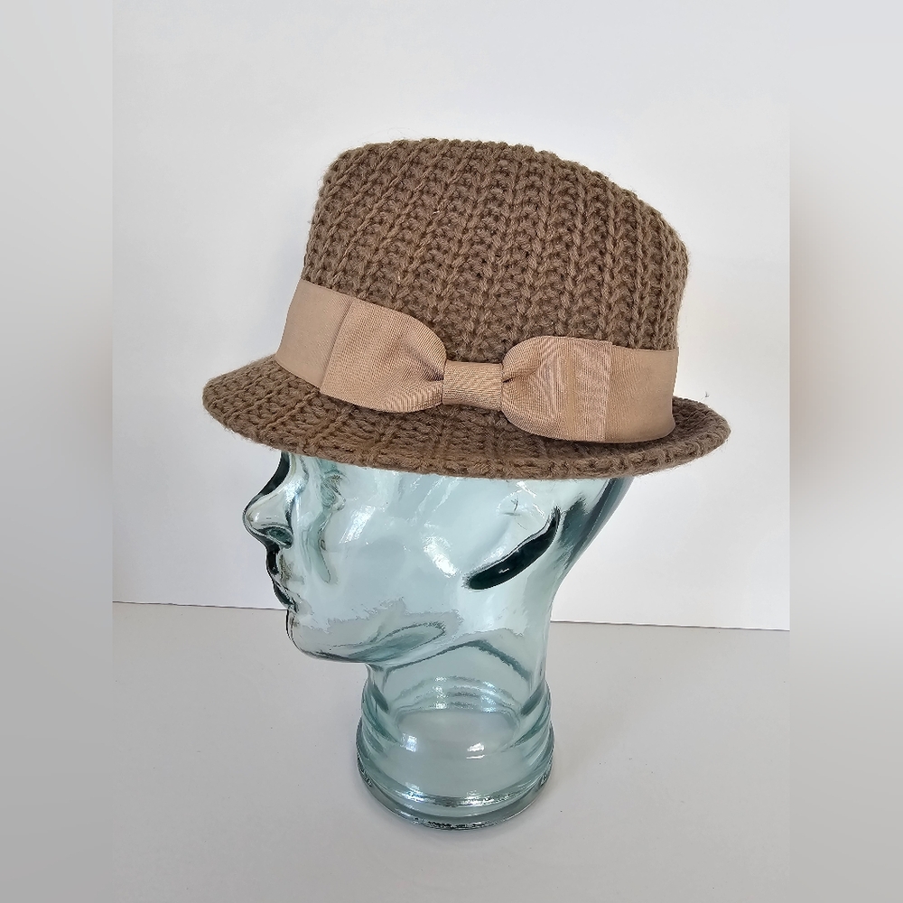 Tarnish Nordstrom Taupe Chunky Knit Fedora Hat Flat Bow OS